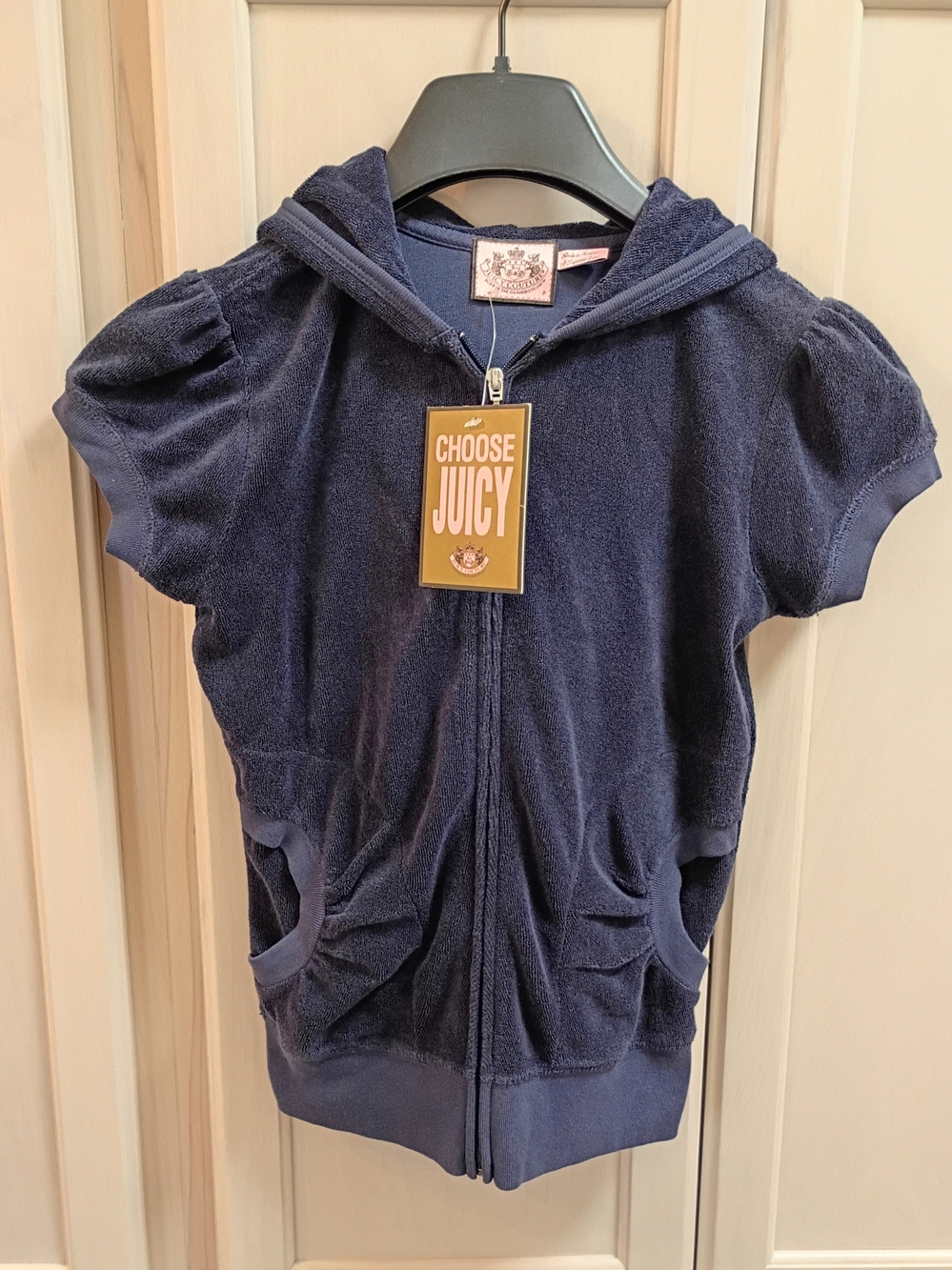 Juicy Couture Regatta Navy Short Sleeve Puff Sleeve Zip Hoodie NWT Size P